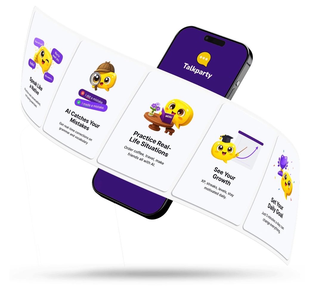 Talkparty AI English learning app screenshot — home screen