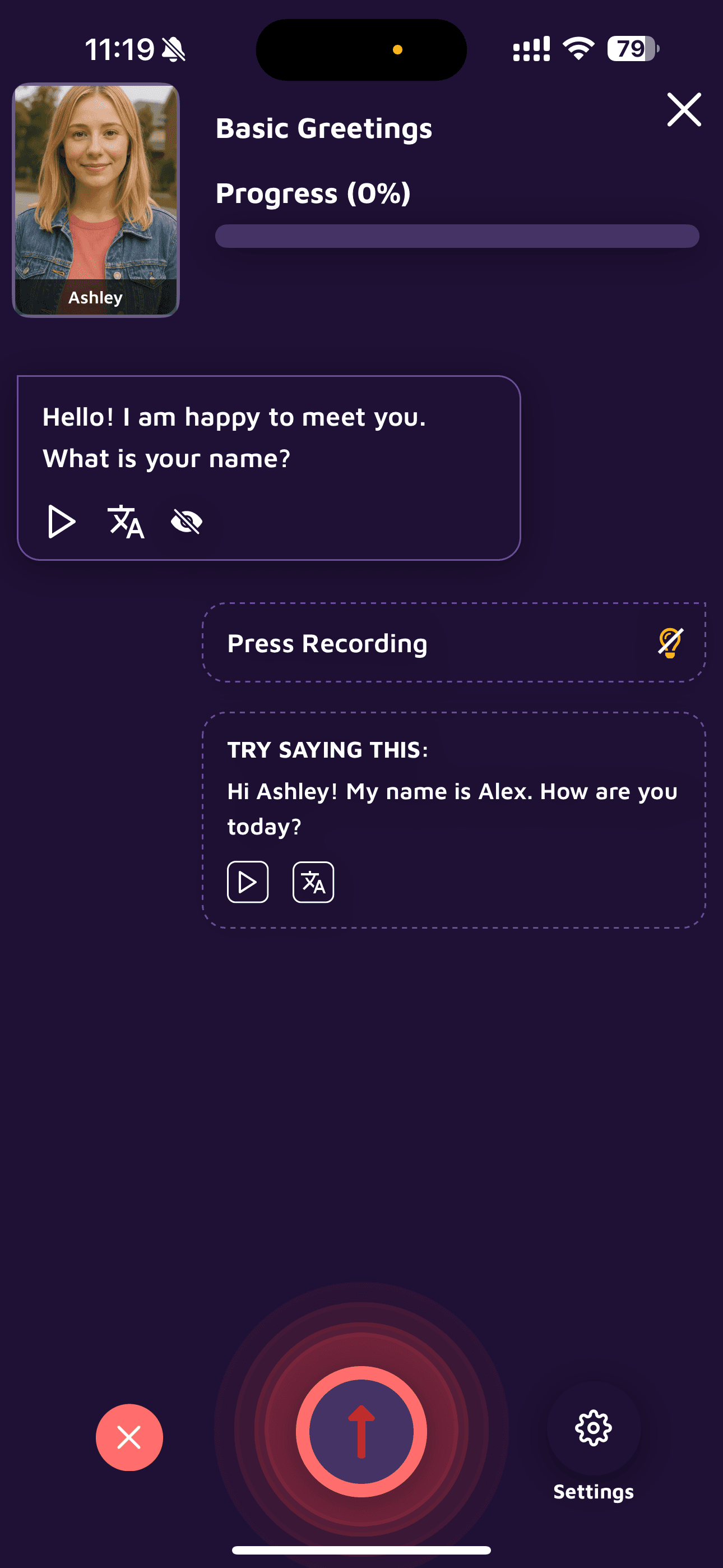 Talkparty AI English practice screenshot — scenario screen