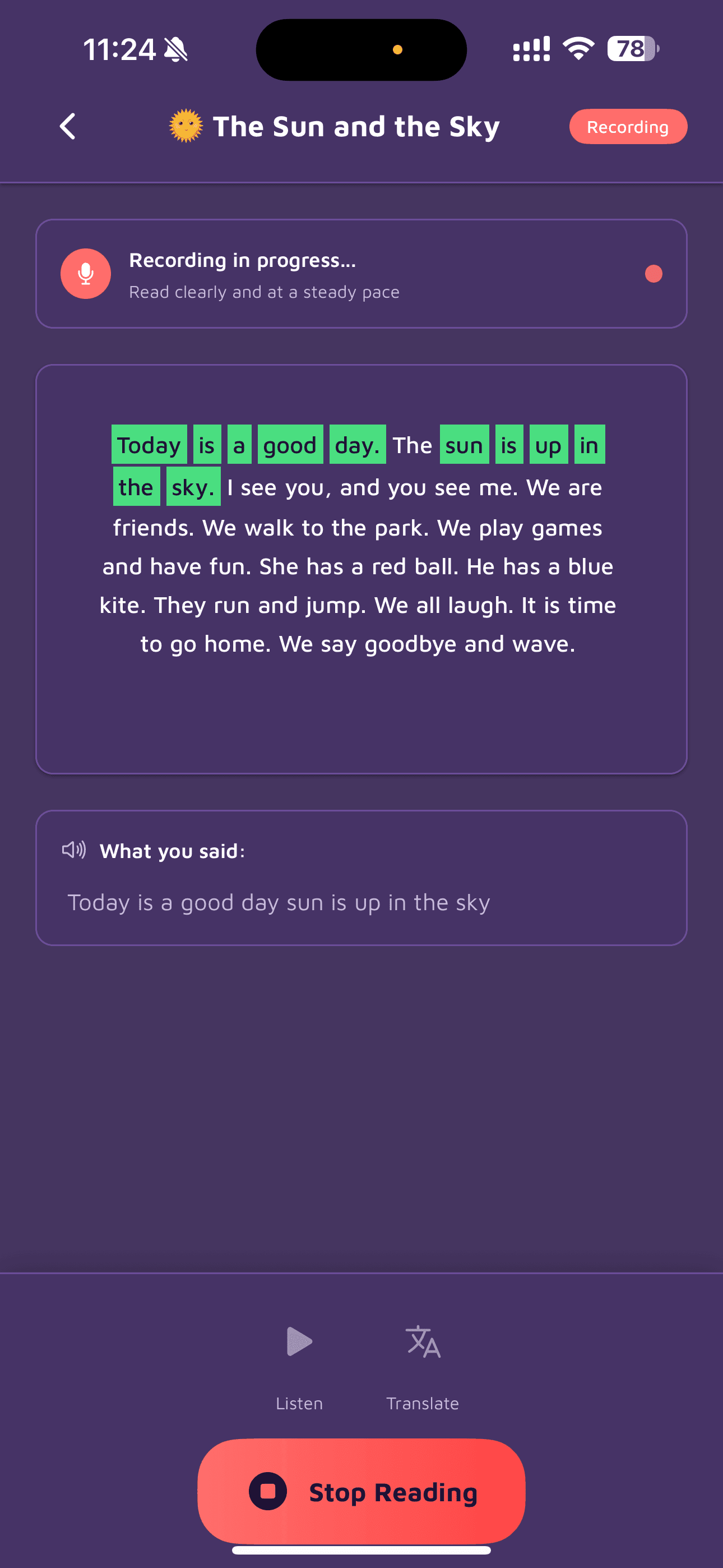 Talkparty app screenshot — daily practice screen